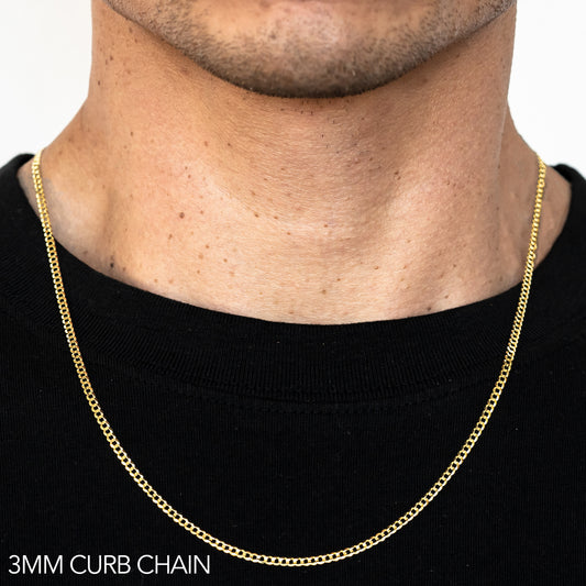 10K 3MM YELLOW GOLD SOLID CURB 26" CHAIN NECKLACE (AVAILABLE IN LENGTHS 7" - 30")