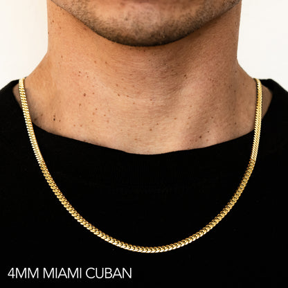 18K 4MM YELLOW GOLD SOLID MIAMI CUBAN 30" CHAIN NECKLACE (AVAILABLE IN LENGTHS 7" - 30")