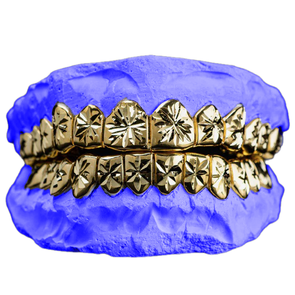 Yellow gold starburst cut grillz, front view
