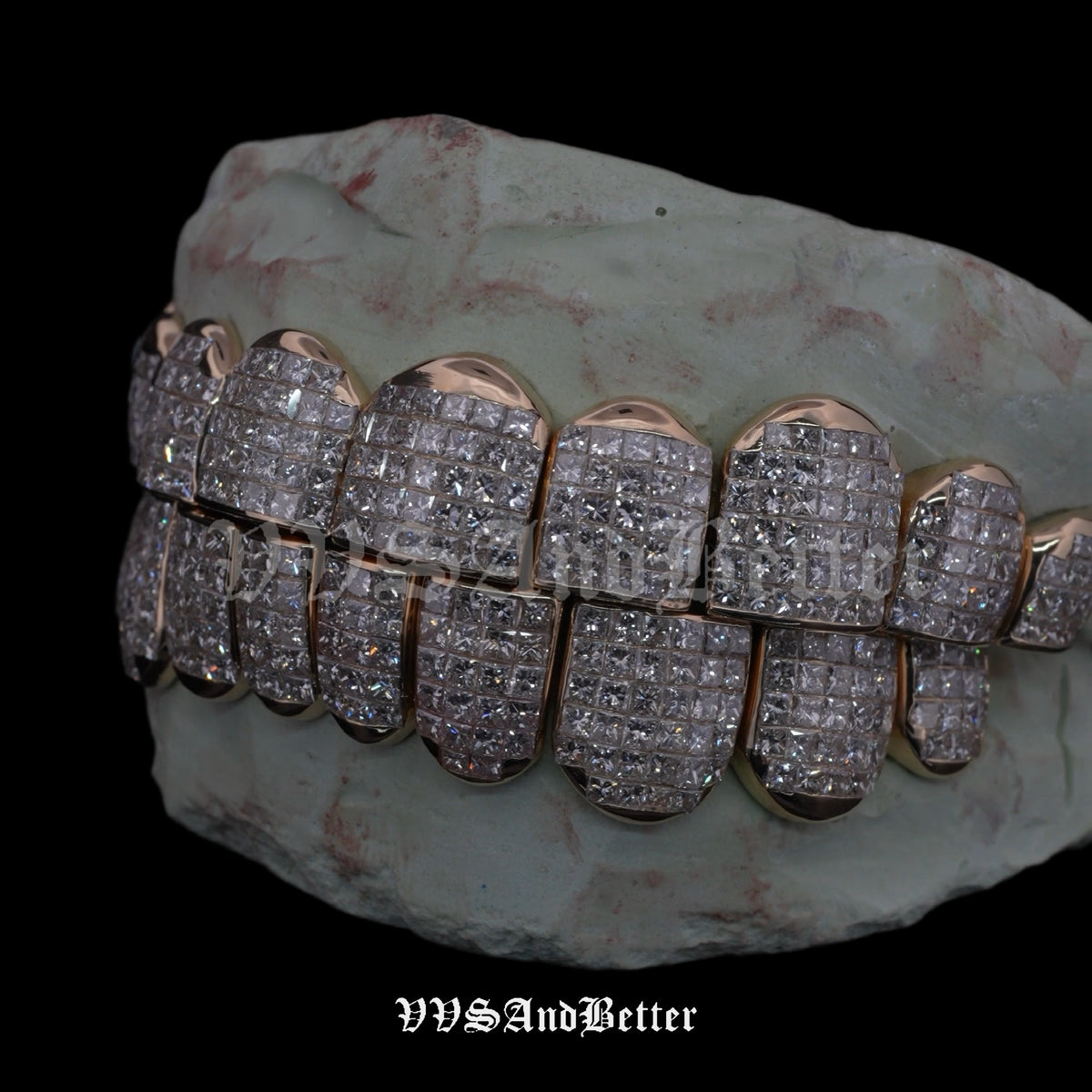 Natural VVS diamond invisible set grillz in rose gold, left angle