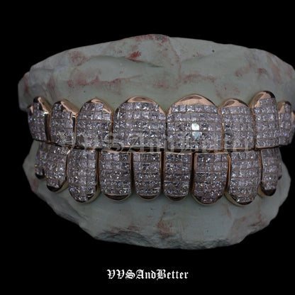 Natural VVS diamond invisible set grillz in rose gold, hand set by VVSANDBETTER, front view