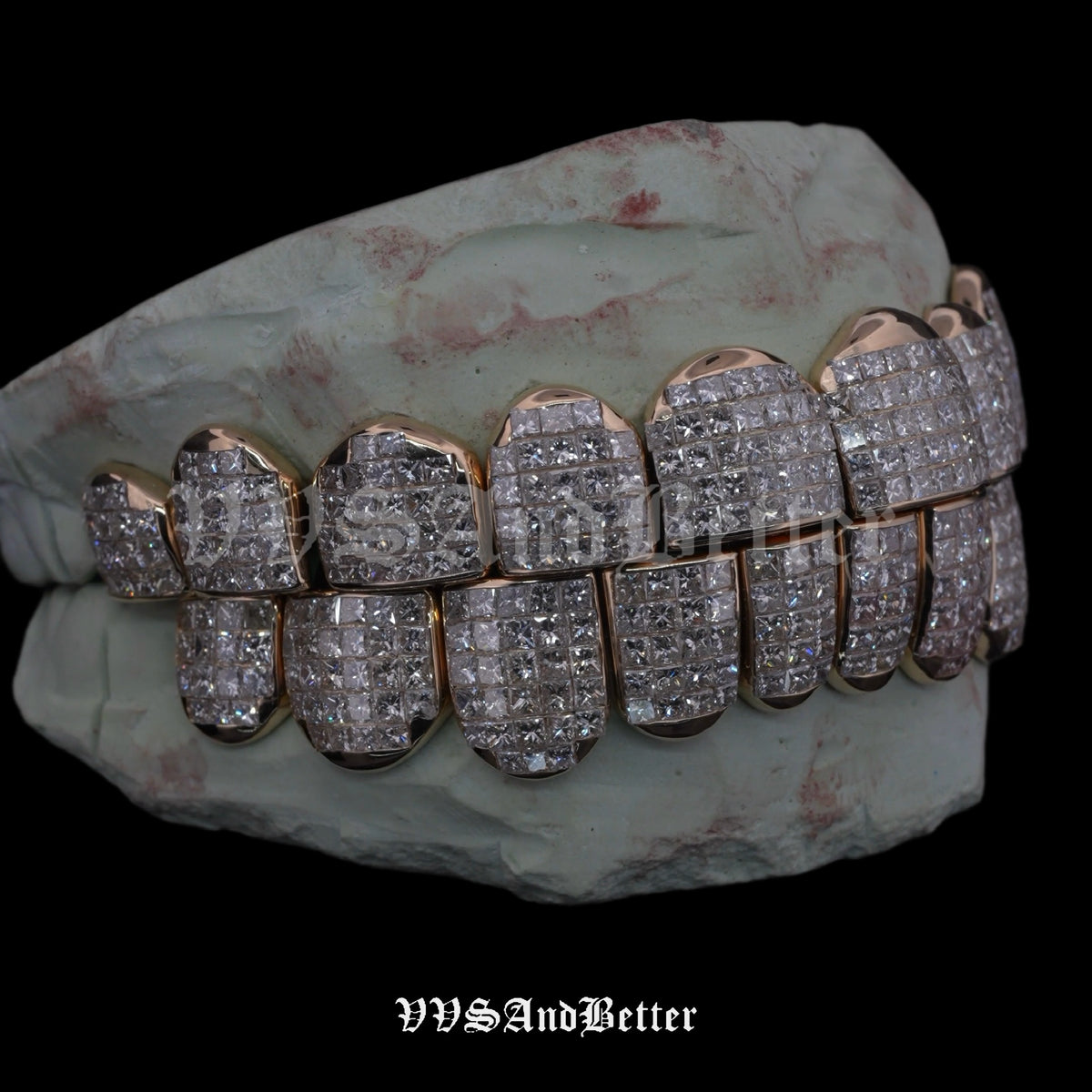 Natural VVS diamond invisible set grillz in rose gold, right angle