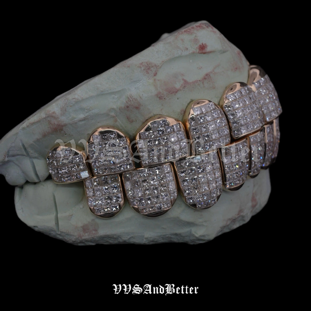 Hand-set natural diamond invisible set grillz, right side view