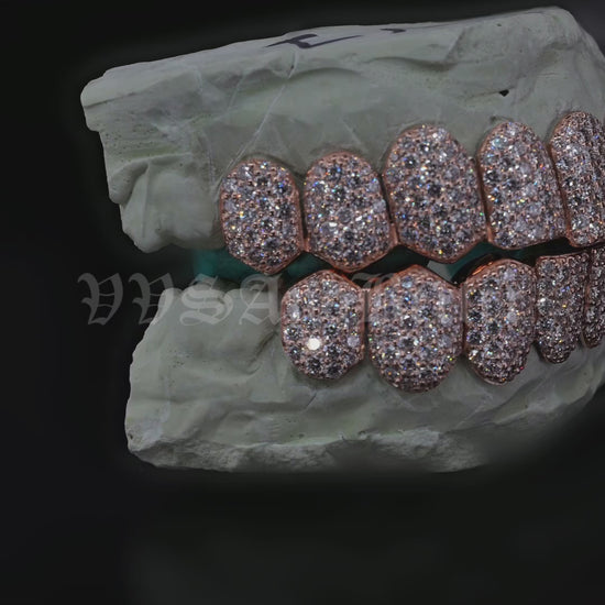 Natural VVS diamond honeycomb set grillz in 14K gold by VVSANDBETTER, 2 pointer 1.7 mm stones
