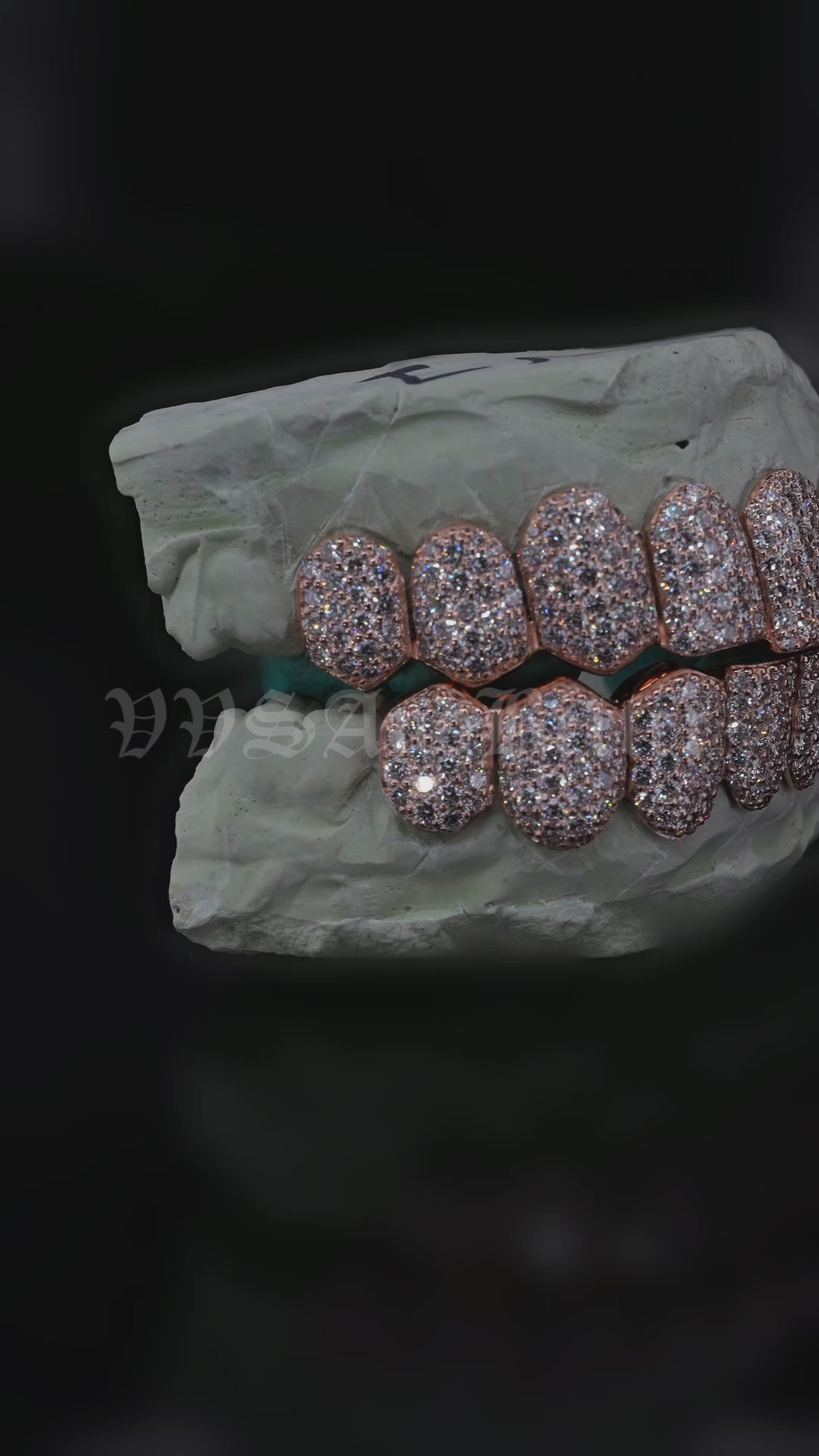 Natural VVS diamond honeycomb set grillz in 14K gold by VVSANDBETTER, 2 pointer 1.7 mm stones